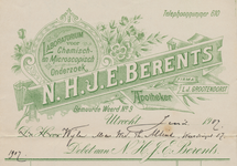 716215 Kop van een nota van N.H.J.E. Berents, Laboratorium voor Chemisch en Microscopisch Onderzoek - Apotheker, Firma ...
